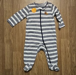 Navy and White Striped Footie With Embroidered Lion